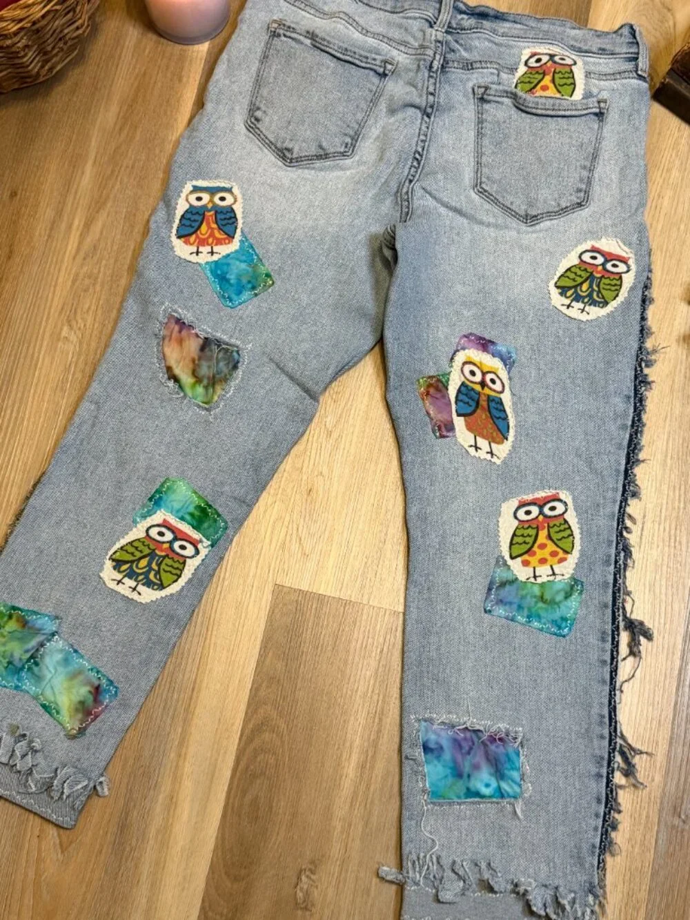 Upcycled Owl Patchwork Jeans | Wide Leg Denim, Visible Mending Art, Cropped Hem